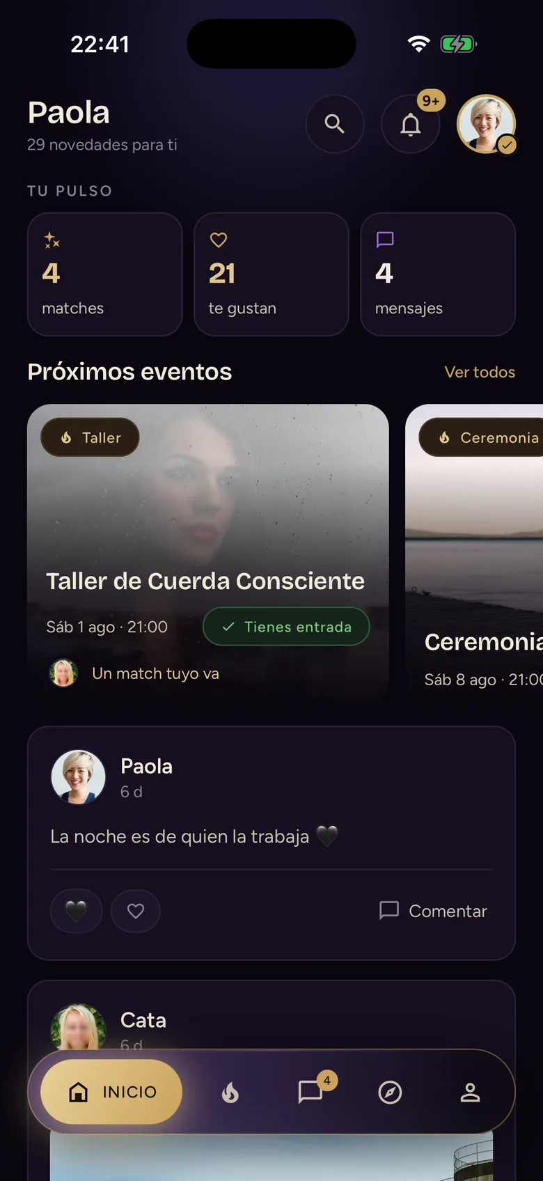Pantalla de inicio de Klambre: tu pulso con matches y mensajes, los próximos eventos y el feed de tus círculos